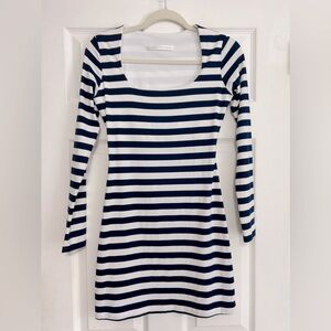 Susana Monaco square neck navy and white striped long sleeve mini dress